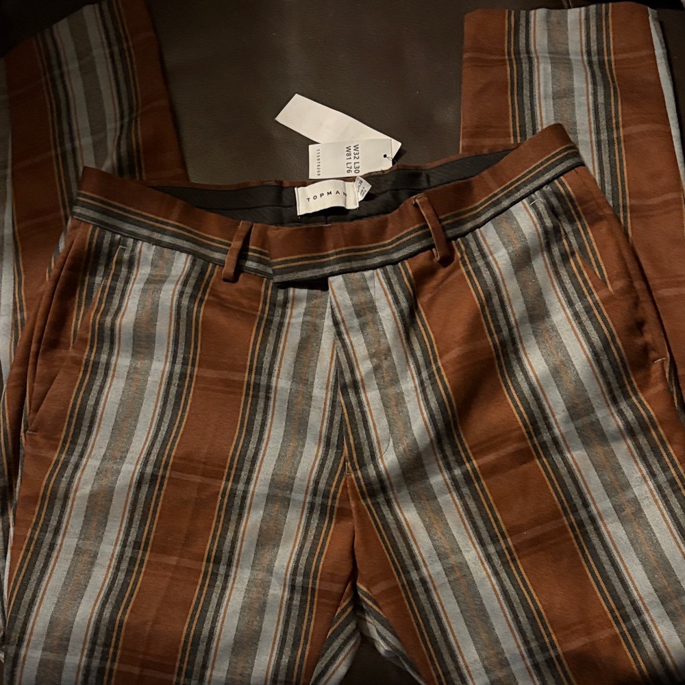 Topman Brown and Gray Striped Men's Dress Pants